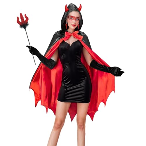 Dhnvcud Teufel Kostüm Damen, Halloween Kostüm Damen Vampir Umhang Faschingskostüme Damen, Frauen Teufelkostüm Teufel Umhang Damen für Karneval Masquerade, Halloween, Cosplay von Dhnvcud