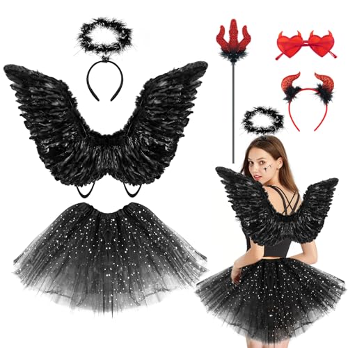 Dhnvcud Engel Kostüm Damen Schwarz, Engelsflügel Schwarz Engelsflügel Deko Kostüm Schwarz Flügel, Tutu-Rock, Engel Flüge, Heiligenschein und Zauberstabfür Halloween Kostüme Karneval Party Cosplay von Dhnvcud