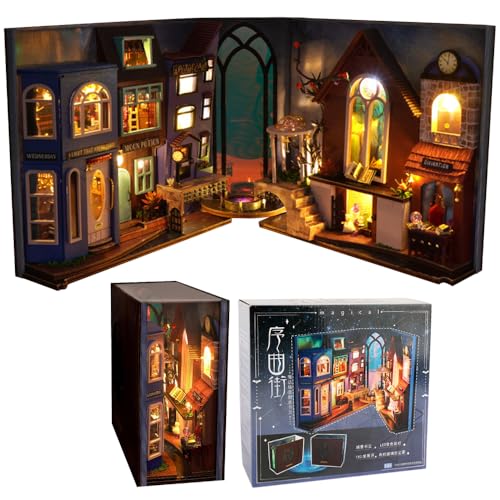 Dhqkqg Book Nook Kit, DIY Miniatur Puppenhaus Book Nook Kit, Magic Puppenhaus Kitaus Holz, 3D Holz Puzzle Buchstütze Bücherregal Einfügen Dekor mit LED Licht für Jugendliche und Erwachsene von Dhqkqg