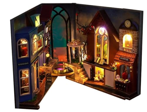 Dhqkqg Book Nook DIY Kit,Nook Magic,Puppenhäuser Miniatur Haus Kit,Magische Welt Mit LED-Licht,Bibliothek Bücherregaleinsatz Kit,3D Holzpuzzle Book Nook Puppenhaus Kit,Geschenk für Erwachsene Teenager von Dhqkqg