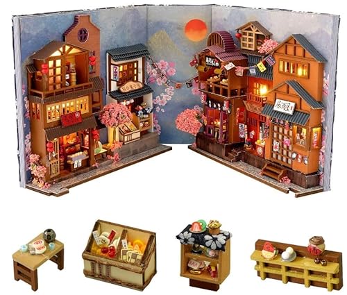 Dhqkqg Book Nook Diy Kit, Diy Miniatur Puppenhaus Booknook Kit,mit Möbeln Und LED-Licht,Puppenhäuser Miniatur Haus Kit,3D Holzpuzzle Book Nook Puppenhaus Kit,Buch Ecke Miniatur Kit(Kirschblüten Gasse) von Dhqkqg