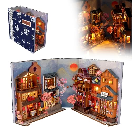 Dhqkqg Book Nook Diy Kit, Diy Miniatur Puppenhaus Booknook Kit,mit Möbeln Und LED-Licht,Puppenhäuser Miniatur Haus Kit,3D Holzpuzzle Book Nook Puppenhaus Kit,Buch Ecke Miniatur Kit(Kirschblüten Gasse) von Dhqkqg