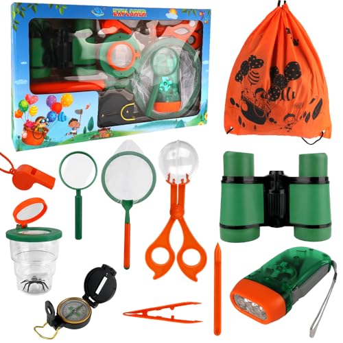 Dhqkqg 11Pcs Forscherset für Kinder, Entdecker Set für Kinder Mit Fernglas Kinder, Insektenfänger, Kompass, Becherlupe, Rucksack, Pinzette, tolles Outdoor Camping Spielzeug für Jungen und Mädchen von Dhqkqg