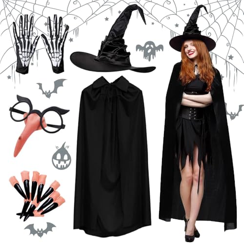 Dhqkqg Halloween Hexenkostüm Damen, Halloween Hexe Kostüm, Halloween Hexenhut, Halloween Schwarzer Umhang, Skeletthandschuhe, Brille Mit Hexennase,Halloween Kostüm Damen,für Karneval Halloween Cosplay von Dhqkqg