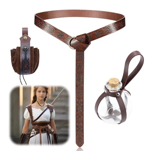 Dhqkqg Halloween Nekromanten Anzug, 3PCS Mittelalterlicher Rittergürtel, Mittelalter GüRtel Damen, Wikinger GüRtel mit 250 ml Zaubertrank Flasche, für Wikinger Piraten Hexe Kostüm, Cosplay, Braun von Dhqkqg