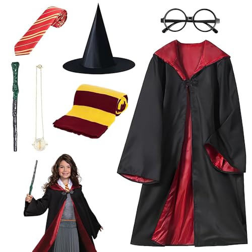 Dhqkqg Kostüm Erwachsene 7 Teiliges, Cosplay Kostüm mit Cape,Magic Wand,Glasses,Scarf,Tie,Halloween Kostüm für Kinder Erwachsene, Kindheitshelden Kostüm,Zauberer für Kostüm,Karneval Cosplay,145-155 CM von Dhqkqg