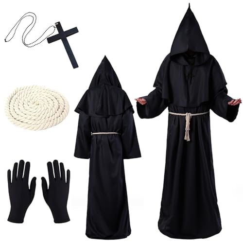 Dhqkqg Mönch Robe Kostüm Herren mit Kapuze, XL Mittelalterliche Renaissance Robe Mönch, Halloween Kostüm Mönch, Priester Kostüm Mönch Mit Kreuz-Halskette, Handschuhe Und Kordel, Für Halloween,Karneval von Dhqkqg