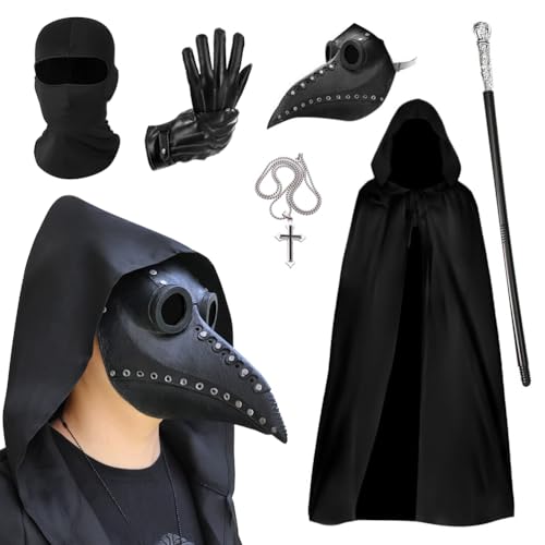 Dhqkqg Pestdoktor Kostüm,6pcs Plague Doctor Kostüm Set, Mittelalter Steampunk Halloween Kostüm Herren mit Kapuzenumhang Vogel Maske Zepter Kreuz-Halskette Handschuhe,für Erwachsene Cosplay Party von Dhqkqg