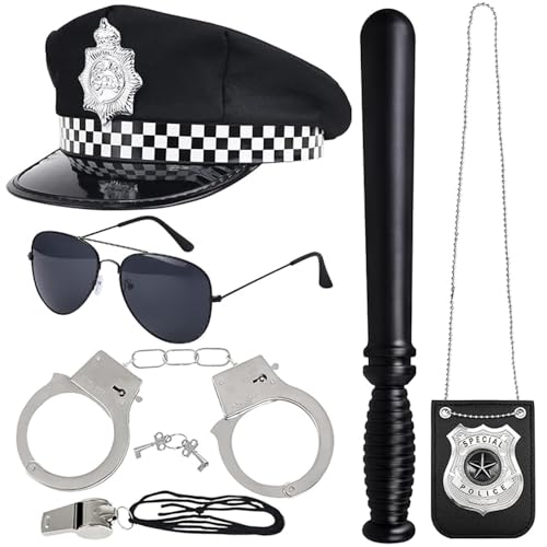 Dhqkqg Polizei KostüM Zubehör, 6 StüCk Polizei Zubehör Set mit Polizeimarke, Polizei KostüM Set, mit PolizeimüTze Walkie Talkies Handschellen Abzeichen Baton Pfeife für Cosplay Polizei KostüM Kinder Dhqkqg Polizei KostüM Zubehör, 6 StüCk Polizei Zubehör Set mit Polizeimarke, Polizei KostüM Set, mit PolizeimüTze Walkie Talkies Handschellen Abzeichen Baton Pfeife für Cosplay Polizei KostüM Kinder von Dhqkqg