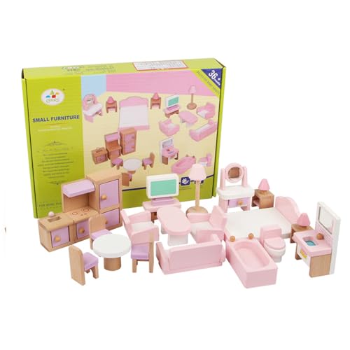 Dhqkqg Puppenhaus Möbel Set aus Holz, 22 Stück Holz Puppenhaus Möbel Set, Mini Puppenhaus Holzmöbel mit Schlafzimmer, Badezimmer, Wohnzimmer, Puppenhaus Zubehör, für 3+ Jahren Kinder Jungen Mädchen von Dhqkqg