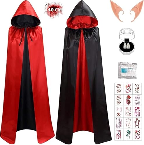 Dhqkqg Vampir Umhang mit Kapuze, Kapuzenumhang Schwarz Rot Doppelseitig, Cape Vampir Kostüm mit Temporäre Tattoos| Zahngel| Vampirgebiss| Teufelshörner, Halloween Kostüm Erwachsener Unisex (140cm) von Dhqkqg