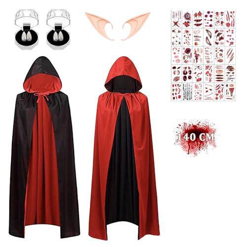 Dhqkqg Vampir Umhang 140 cm, Kapuzenumhang Schwarz Rot Doppelseitig mit 2 Vampirzähne, 2 Elfenohren, 30 Temporäre Tattoos, Roter Umhang Mit Kapuze, für Kinder, Maskerade, Karneval, Fasching von Dhqkqg