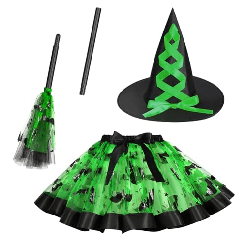 DiULi Hexenkostüm Mädchen, 3 Stück Hexe Cosplay Kostüm mit Hexe Tutu Rock Hexenhut Besen, Witch Costume Girl Halloween Set für Karneval, Fasching, Cosplay, Party, Grün DiULi Hexenkostüm Mädchen, 3 Stück Hexe Cosplay Kostüm mit Hexe Tutu Rock Hexenhut Besen, Witch Costume Girl Halloween Set für Karneval, Fasching, Cosplay, Party, Grün von DiULi