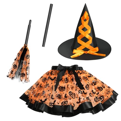 DiULi Hexenkostüm Mädchen, 3 Stück Hexe Cosplay Kostüm mit Hexe Tutu Rock Hexenhut Besen, Witch Costume Girl Halloween Set für Karneval, Fasching, Cosplay, Party, Orange DiULi Hexenkostüm Mädchen, 3 Stück Hexe Cosplay Kostüm mit Hexe Tutu Rock Hexenhut Besen, Witch Costume Girl Halloween Set für Karneval, Fasching, Cosplay, Party, Orange von DiULi