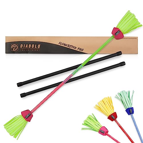 Diabolo Freizeitsport Flowerstick Pro (grün-pink) - Flowerstick aus Fiberglas inkl. 2 Handstäben, UV reaktiv, handbemalt, Festival-Hingucker, ideal für Fortgeschrittene und Profis von Diabolo Freizeitsport