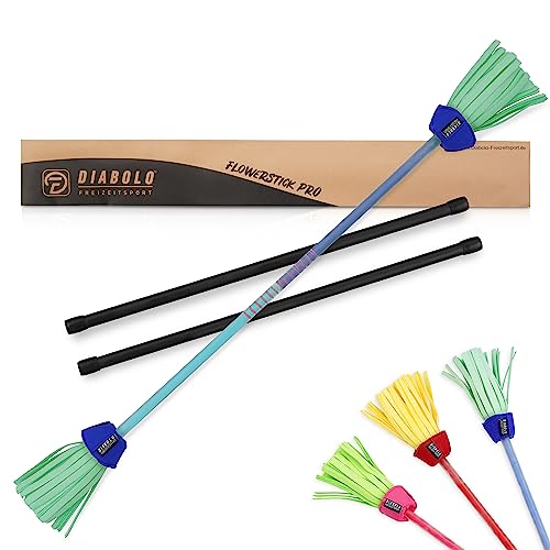 Diabolo Freizeitsport Flowerstick Pro (blau-türkis) – Profi-Flowerstick aus Fiberglas inkl. 2 Handstäben, UV reaktiv, handbemalt, Festival-Hingucker von Diabolo Freizeitsport