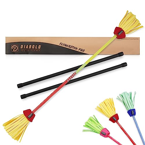 Diabolo Freizeitsport Flowerstick Pro (gelb-rot) – Profi-Flowerstick aus Fiberglas inkl. 2 Handstäben, UV reaktiv, handbemalt, Festival-Hingucker von Diabolo Freizeitsport