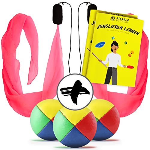 Diabolo Freizeitsport Jonglierset für Anfänger - 2 Leucht Pois (pink), 3 Profi Jonglierbälle & Anleitung - Perfekter Start als Jonglageeinstieg von Diabolo Freizeitsport