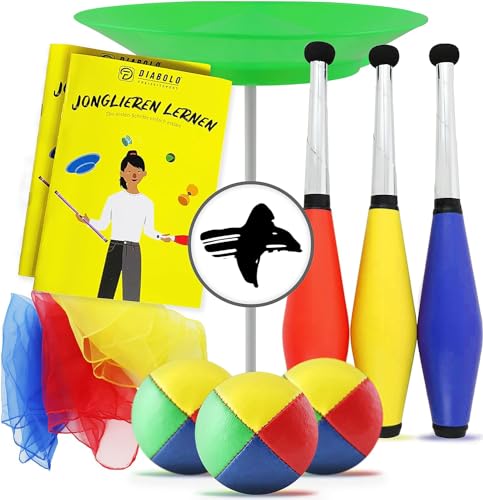 Diabolo Freizeitsport Jonglier-Set für Kinder und Erwachsene mit Jonglage Keulen, Jonglier-Bälle, Tücher, Teller inkl. Stab & Jonglieranleitung – Jonglage Set als Geschenk von Diabolo Freizeitsport