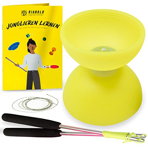 Diabolo-Set mit Comet Diabolo (neon-gelb) & Handsticks aus Aluminium, Henrys Ersatzschnur, Anleitung - Einsteiger-Set & Geschenk für Kinder von Diabolo Freizeitsport