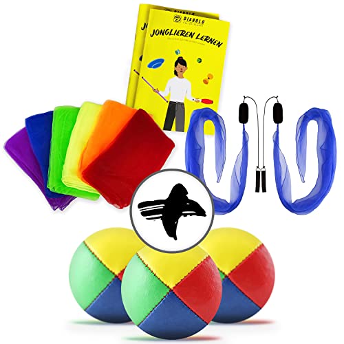 Diabolo Freizeitsport Jonglierset für Anfänger - 2 Leucht Pois (blau), 3 Profi Jonglierbälle & 6 Tücher - Perfekter Start als Jonglageeinstieg von Diabolo Freizeitsport