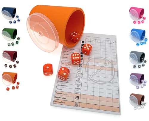 DiceCupFlex - Flexibler Würfelbecher mit Deckel inkl. 5 Würfel und Würfelblock, Spielblock - Made in Germany (Orange) von DiceCupFlex