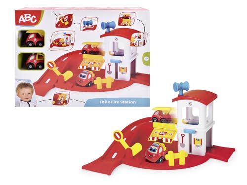 Dickie Toys ABC - Felix Fire Station (42x33 cm) - Feuerwehr-Set ab 1 Jahr mit Rampe, 2 Spielzeugautos & Funktionen, Auto-Spielzeug für Babys und Kinder ab 12 Monate von Dickie Toys