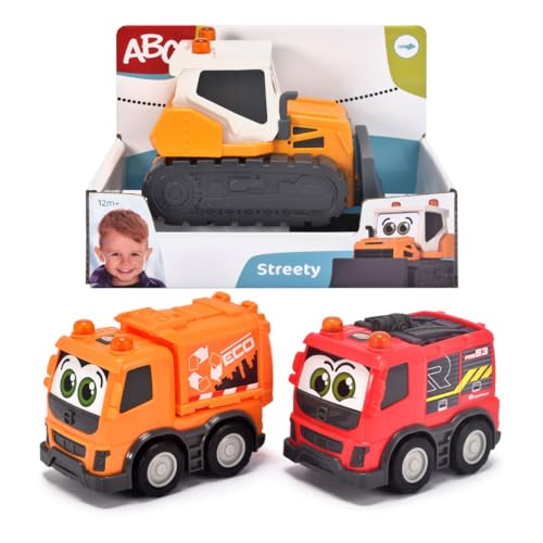 Dickie Toys ABC Streety – Schiebeauto für Babys und Kleinkinder ab 1 Jahr, Bulldozer, Feuerwehr oder Müllabfuhr, 15 cm großes Spielzeugauto, 204112007, Orange von Dickie Toys