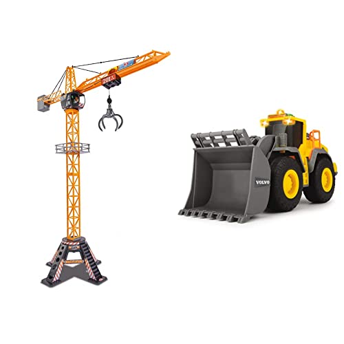 Dickie 201139012 Toys Mega Crane, elektrischer Kran mit Fernbedienung, 120 cm hoch & QDKT062032 Volvo Radlader, Spielzeugbagger, Bagger, Lader, Baustellenfahrzeug, 23 cm, gelb/grau von Dickie Toys