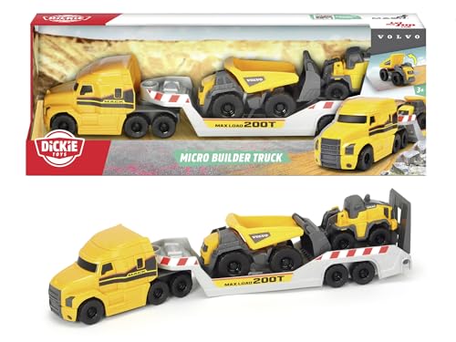 Dickie QDKT062100 Toys Volvo Mack Truck, mit 2 Volvo Fahrzeugen auf Anhänger, Muldenkipper & Radlader, Anhänger zum Abkoppeln, bewegliche Teile, 32 cm Gesamtlänge, Sandkasten, gelb/grau von Dickie Toys