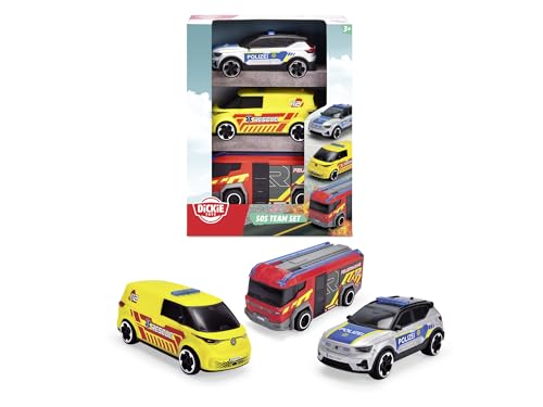 Dickie Toys - SOS-Team Spielzeugautos (je 15 cm) - 3er-Set Autos mit Freilauf für Kinder ab 3 Jahre, Volvo EX40 Polizeiauto, VW ID. Buzz Krankenwagen & Rosenbauer Penta Feuerwehrauto von Dickie Toys