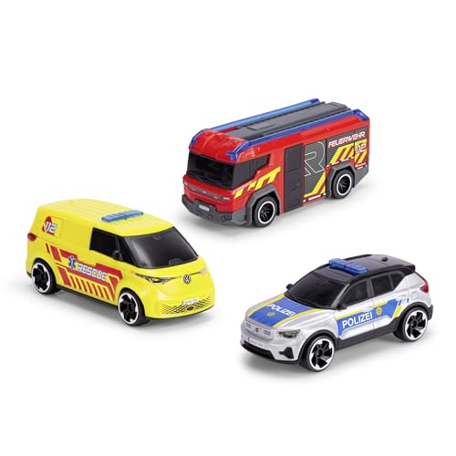 Dickie Toys - SOS-Team Spielzeugautos (je 15 cm) - 3er-Set Autos mit Freilauf für Kinder ab 3 Jahre, Volvo EX40 Polizeiauto, VW ID. Buzz Krankenwagen & Rosenbauer Penta Feuerwehrauto von Dickie Toys