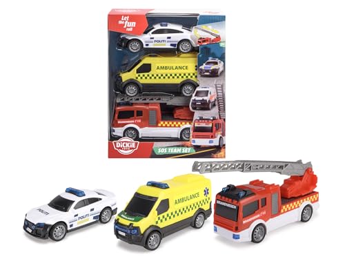 Dickie Toys 203712015018-3-Pack Dänische Rettungsfahrzeuge - SOS-Team Dänischen Katastrophenschutz-Krankenwagen, Feuerwehrauto und Polizeiauto mit Freilauf, Ab 3 Jahren von Dickie Toys