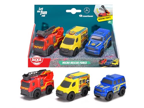 Dickie Toys - Micro Rescue Force Spielzeugautos (je 8 cm) - 3er-Set Mercedes-Benz Autos mit Freilauf und beweglichen Teilen für Kinder ab 3 Jahre, Feuerwehrauto, Polizeiauto & Krankenwagen von Dickie Toys