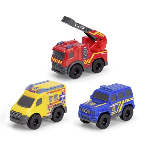 Dickie Toys - Micro Rescue Force Spielzeugautos (je 8 cm) - 3er-Set Mercedes-Benz Autos mit Freilauf und beweglichen Teilen für Kinder ab 3 Jahre, Feuerwehrauto, Polizeiauto & Krankenwagen von Dickie Toys