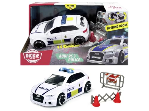 Dickie Toys 203713016033 - Audi RS3 Schwedisches Polizeiwagen - Audi RS3 Polizeiwagen Reibungsmotor, Sound, Licht und Öffnbare Türen, Schwedische Version, 15 cm, Ab 3 Jahren von Dickie Toys