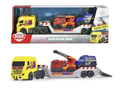 Dickie Toys - 3-in-1 Micro Rescue Truck (32 cm) - Daimler Truck mit Anhänger und 2 Mercedes-Benz Spielzeugautos (Polizeiauto und Feuerwehrauto), Auto-Spielzeug für Kinder ab 3 Jahre von Dickie Toys