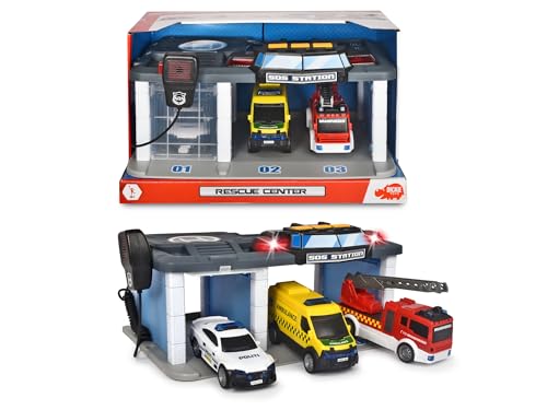 Dickie Toys 203716015018 - Dänische Rettungsstation mit 3 Fahrzeugen - Rettungsstation von Dickie Toys mit Mikrofon, Licht und Sound einschließlich Dänischer Polizeiwagen, Feuerwehrfahrzeuge und von Dickie Toys