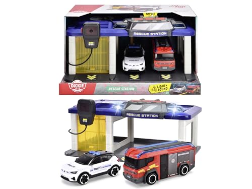 Dickie Toys 203716026018 - Dänische Rettungsstation mit Polizeiauto und Feuerwehrauto - Rettungsstation mit Licht, Sound, Einschließlich Dänisches Polizeiauto und Brandbi, 31 x 22 x 16 cm, Ab 3 Jahren von Dickie Toys