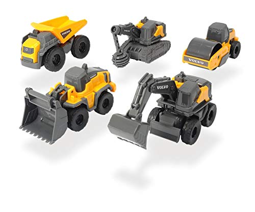 Dickie Toys 203722008 Volvo Micro Workers, 5er Spielzeugset, Bagger, Baustelle, Set Baufahrzeuge, Baustellenauto Kinder, Baustellenfahrzeuge, Geschenkset, für Kinder ab 3 Jahren, gelb/grau von Dickie Toys