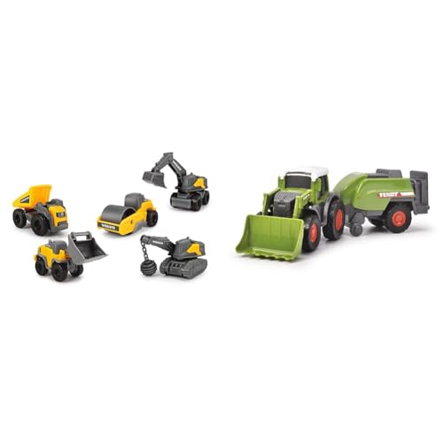 Dickie Toys 203722008 Volvo Micro Workers, 5er Spielzeugset & Fendt Micro Farmer (9 cm) – Traktor-Set mit Anhänger, Original Fendt, zufällige Auswahl, für Kinder ab 3 Jahren, Mehrfarbig, 203732002 von Dickie Toys