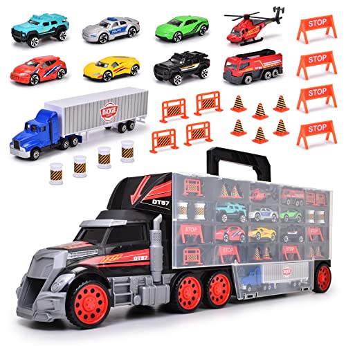 Dickie Toys Cleverer Autotransporter-der 62 cm Lange LKW sorgt gleichzeitig für Ordnung&großen Spielspaß. Ideales Spielzeug zum Mitnehmen für Reisen&Ausflüge, Inkl. 9 Metallfahrzeugen&Zubehör von Dickie Toys