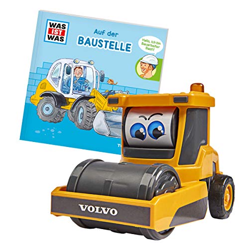 Dickie Toys 203812011 was ist was-Baustelle, Volvo Walze mit Freilauf, drehende Augen, inkl. was ist was Buch, farbecht und speichelfest, Spielzeug ab 1 Jahr, 14,5 cm, gelb von Dickie Toys