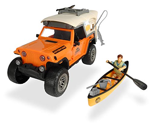 Dickie Toys Playlife-Camping Set, Jeepster Commando Geländewagen, Kanu mit 2 Paddeln, Angelzubehör, inkl. Figur, Licht & Sound, inkl. Batterien, 11-teiliges Set, 25 cm, ab 3 Jahren von Dickie Toys