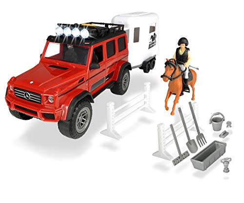 Dickie Toys Playlife-Pferdeanhänger Set, Mercedes Benz AMG 500 Geländewagen, mit Pferdeanhänger & Pferd, inkl. Figur als Reiterin mit Helm, Licht & Sound, inkl. Batterien, 40 cm, ab 3 Jahren von Dickie Toys