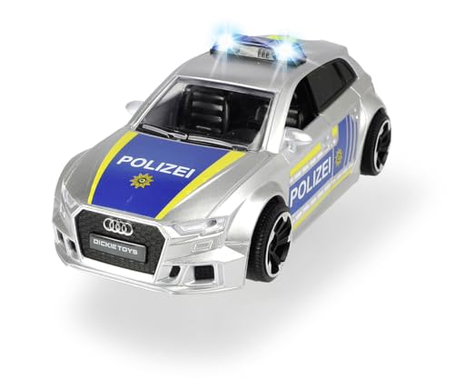 Dickie Toys Audi RS3 Polizeiauto mit Straßensperreund Pylone, Lichtund Sound, Friktionsantrieb, Für Kinder ab 3 Jahre, Silber, Blau, 15 cm von Dickie Toys