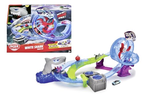 Dickie Toys - Auto-Rennbahn White Shark (50x55x32 cm) inkl. Spielzeugauto aus Metall - motorisierte Hai-Autobahn mit Looping, Licht & Sound, Spielzeug für Kinder ab 3 Jahre von Dickie Toys