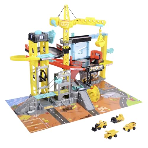 Dickie Toys - Baustellen Spielzeug - großes Construction Spiel-Set mit Kran, 4 Baustellenfahrzeuge, Licht, Sound, Zubehör und vielen Funktionen, Kinder Baustelle ab 3 Jahre, 79x52x42 cm von Dickie Toys