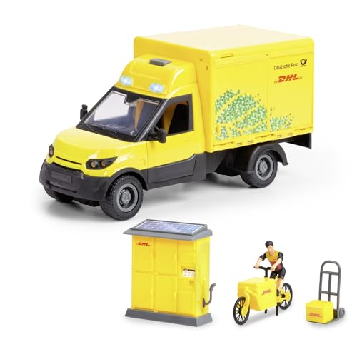 Dickie Toys - DHL Delivery Set (25 cm) - Paketzusteller-Spielset für Kinder ab 3 Jahre, DHL Postauto mit Postbote, Paketstation & Lastenfahrrad, Auto mit Licht & Sound, inkl. Batterien von Dickie Toys