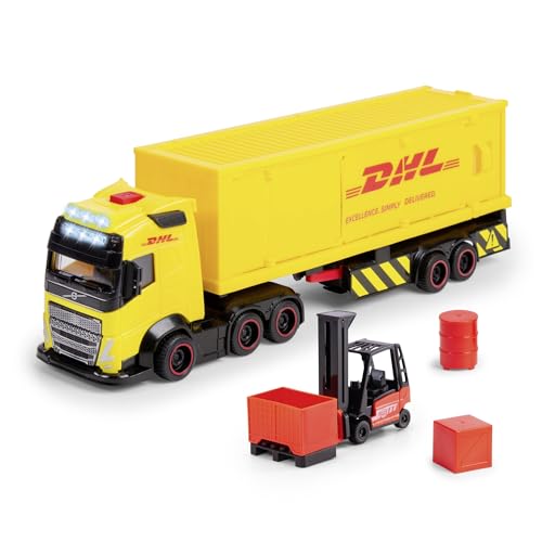 Dickie Toys - Volvo DHL Truck FH16 (35 cm) - Post- & Paket-Transporter für Kinder ab 3 Jahre, Spielzeugauto-Set mit Gabelstapler, Zubehör, Licht & Sound, inkl. Batterien von Dickie Toys